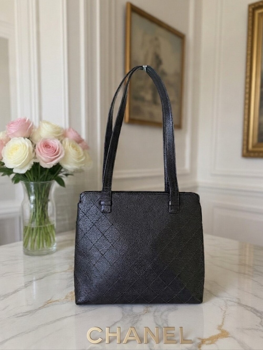 Chanel Vintage Black Caviar Leather Diamond Quilted Shoulder Tote ✨ LIKE NEW